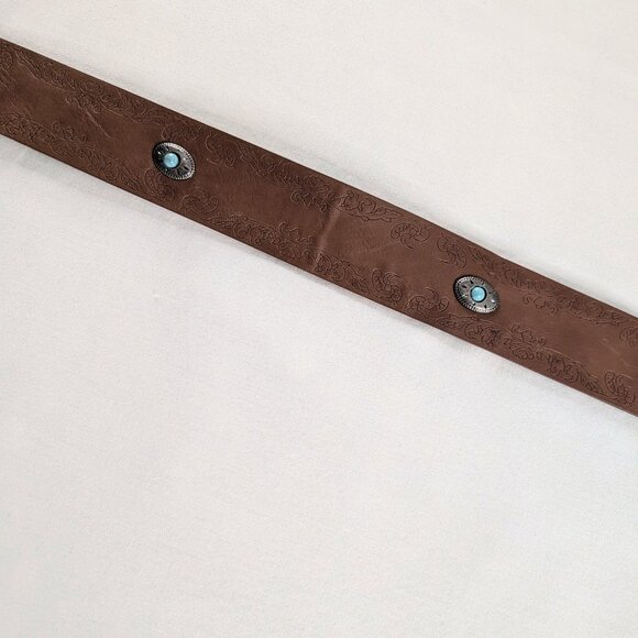 VTG Brown Tan Faux Tooled Leather Teal Silver Gem Silver Buckle Western Belt - Picture 2 of 4